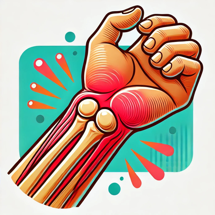 Illustration av en inflammerad handled som kan få avlastning med handledsskydd